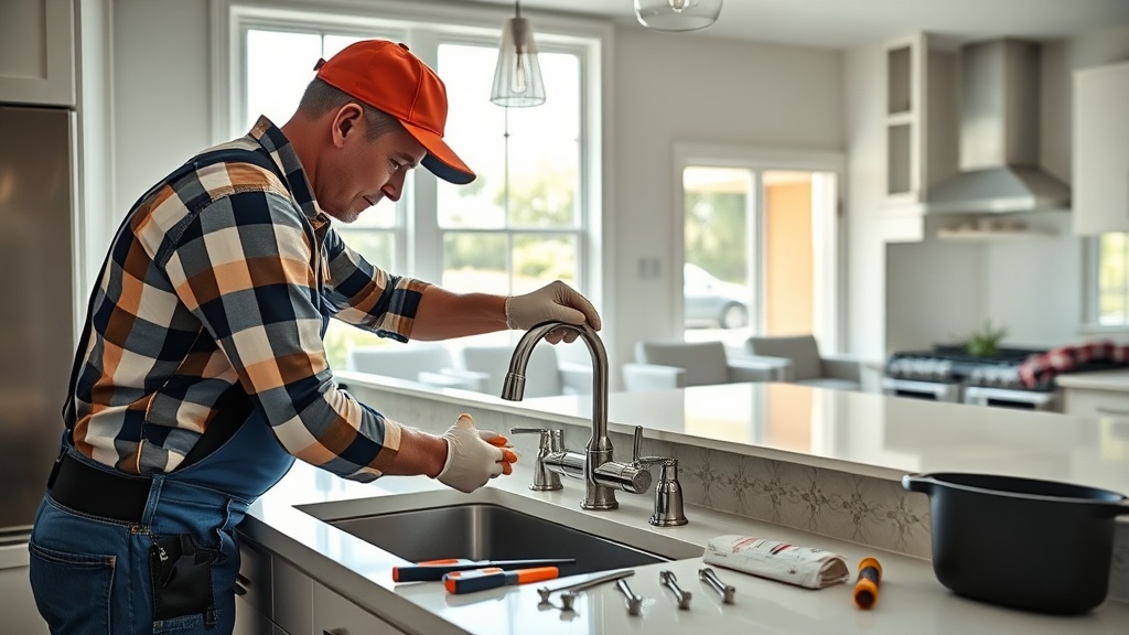 Professional plumber installing a kitchen faucet under a sink in a bright Temple TX residential home
