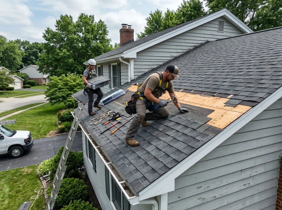 Roofer inspecting shingles on a rural home with a metal-roofed barn in the background in Kempner TX