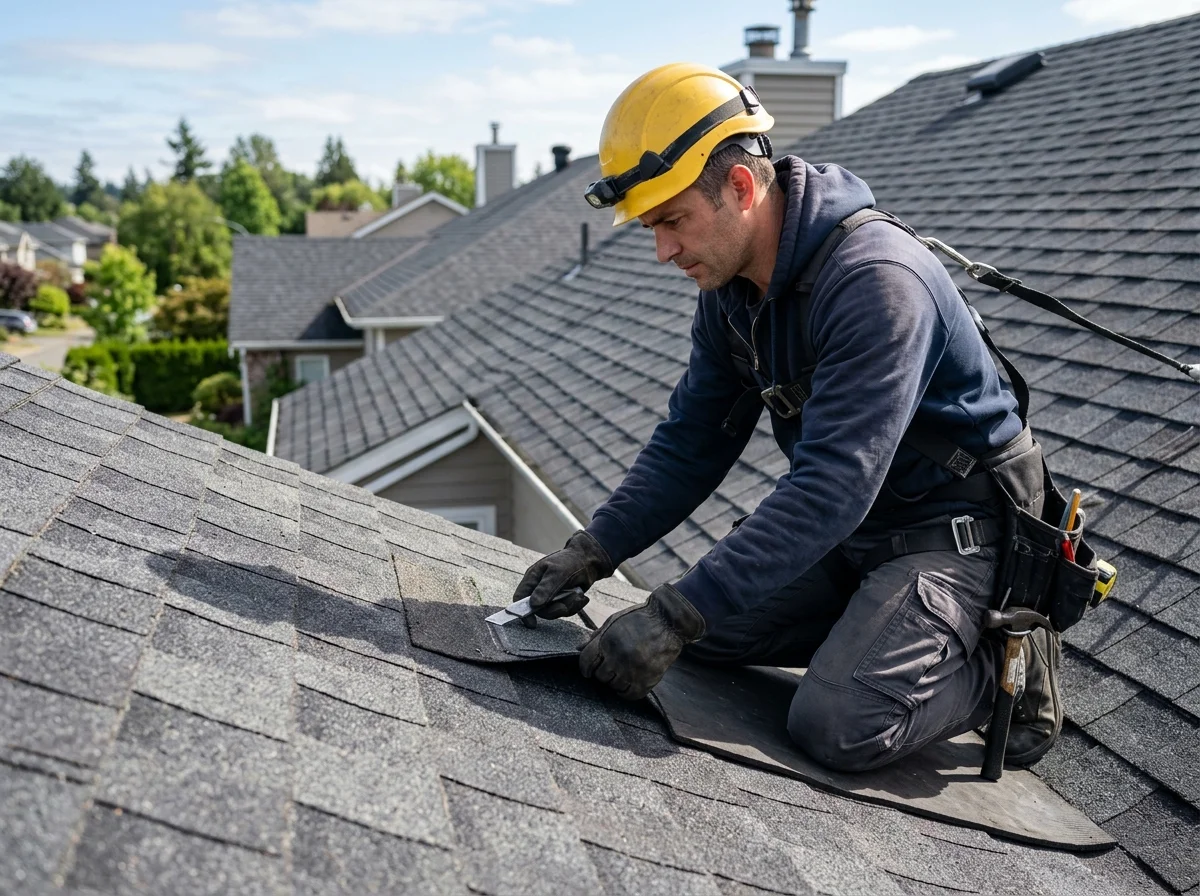 Roof repair work on the steep roof and chimney flashing of a historic home in Lampasas TX
