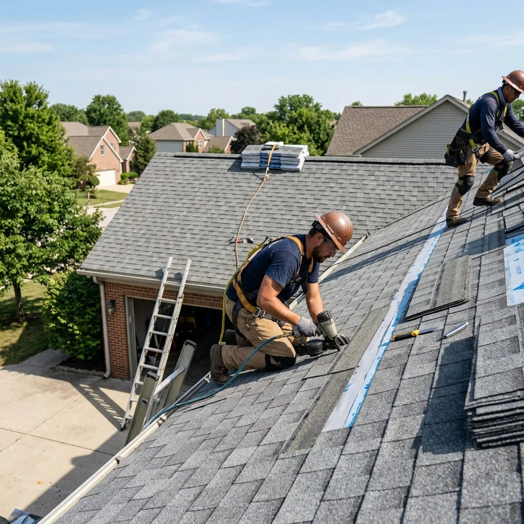 Roofer inspecting and repairing shingles on a residential roof in Nolanville TX