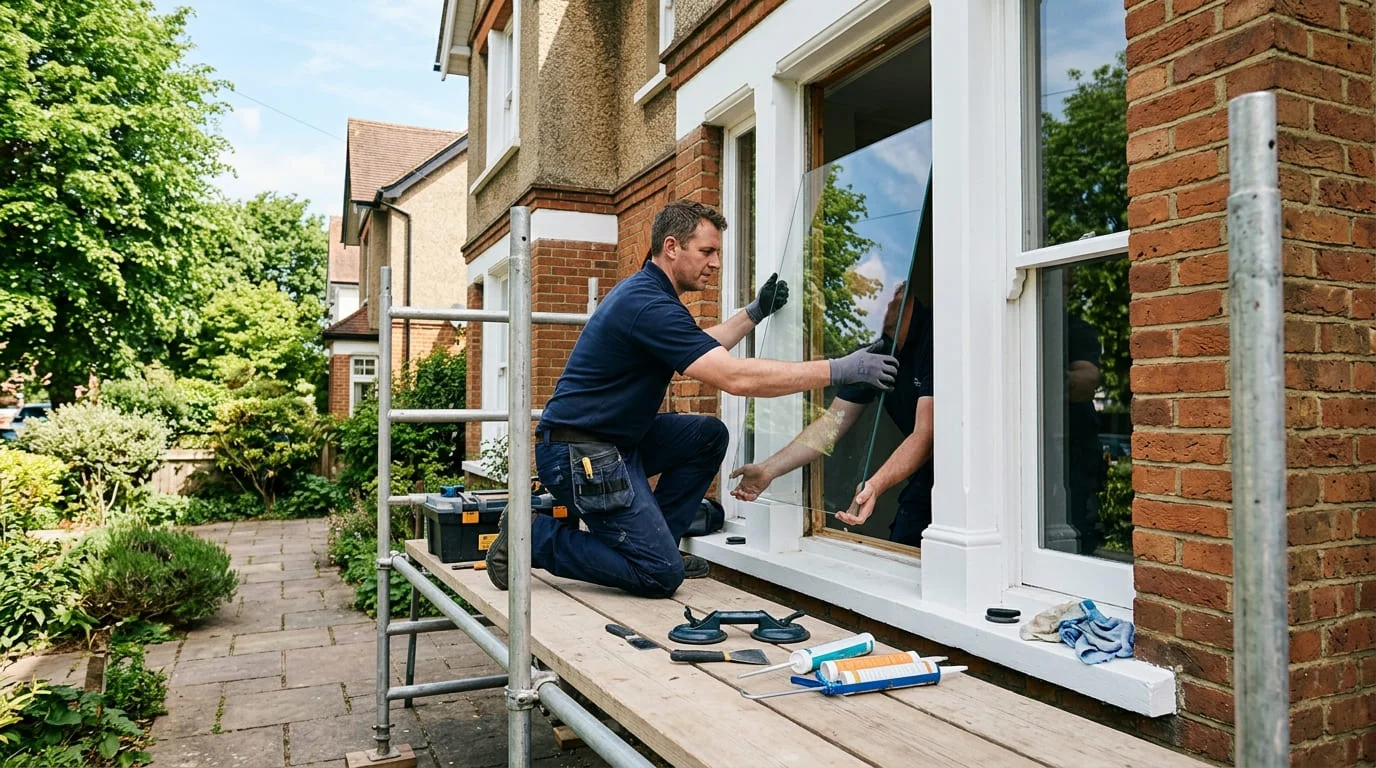 Handyman replacing a foggy double-pane window glass unit in a Belton TX home