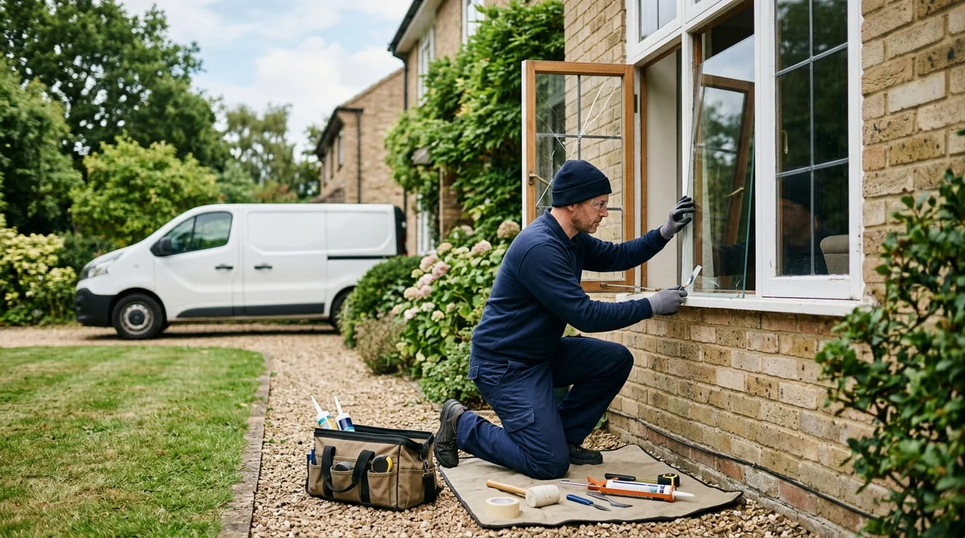 Handyman replacing a cracked window pane in the frame of a Harker Heights TX home