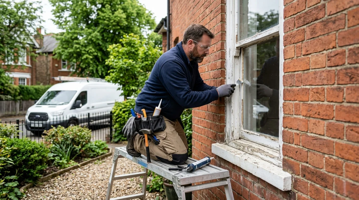 Technician replacing a fogged insulated glass unit in a window at a Katy TX home