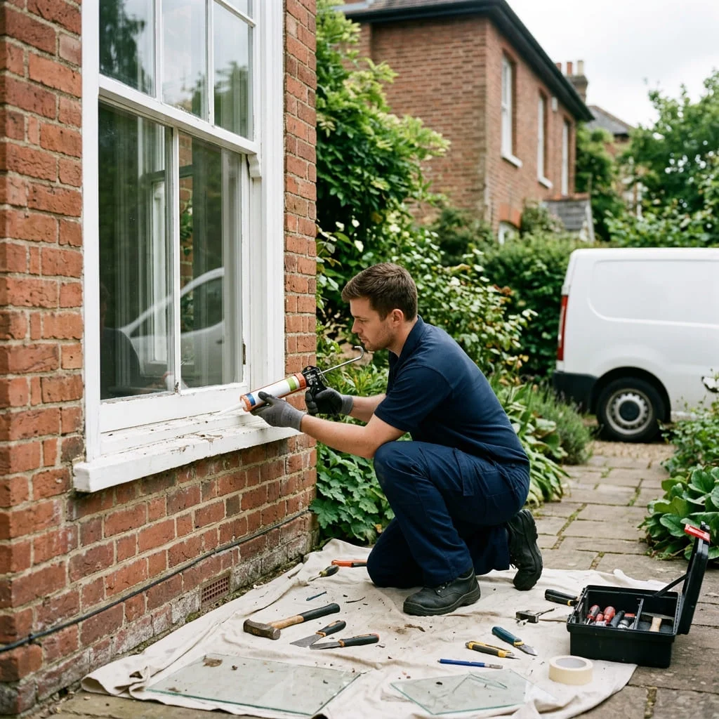Handyman repairing a window frame and screen on a rural ranch home in Kempner TX
