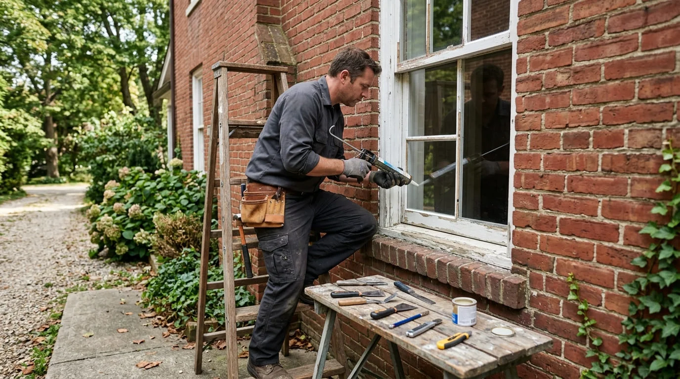 Craftsman repairing a historic wood double-hung sash window on an older home in Lampasas TX